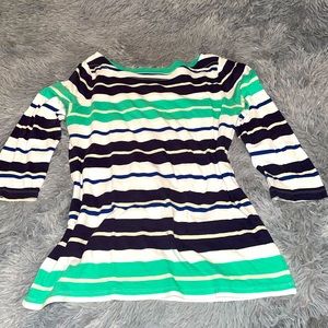 LOFT green/navy/white striped 3/4 sleeve boatneck shirt